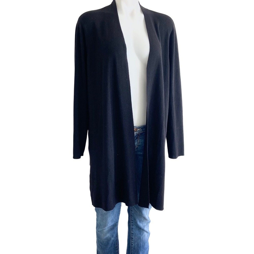Eileen Fisher Black 100% Superfine Merino Wool Open Front Long Cardigan XL